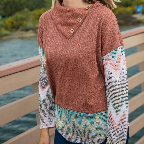 Two Tone Chevron Pattern Oversized Knit Turtleneck  -Sizes:  2x and 3x - Picture 3 of 5